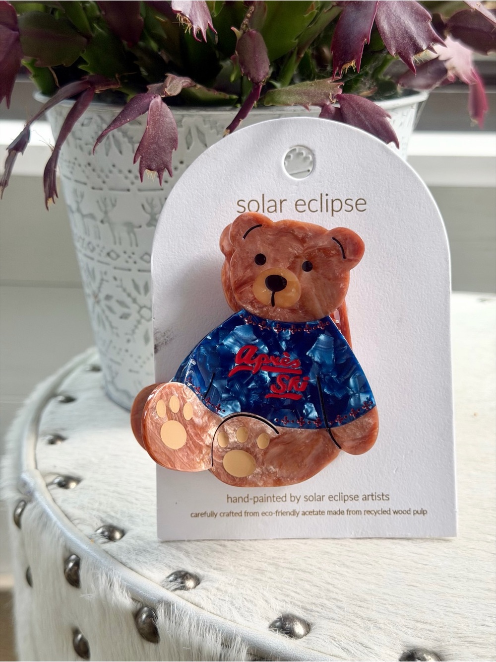 Solar Eclipse Apres Ski Teddy Bear Hair Claw Clip Acetate Hand Painted Gift NWT